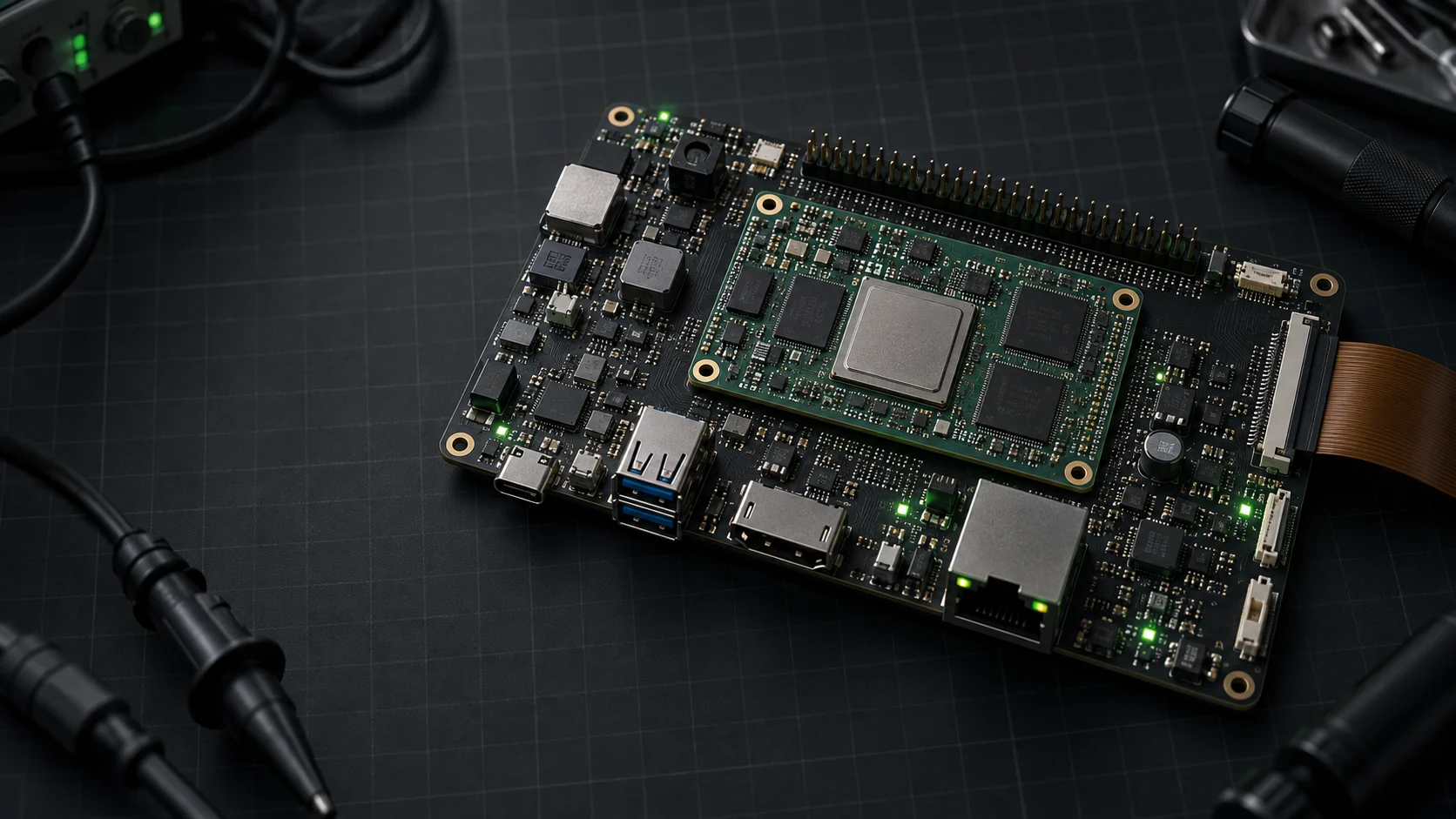 Concept ARM system-on-module mounted on a carrier board with Ethernet, USB, GPIO and display connections.